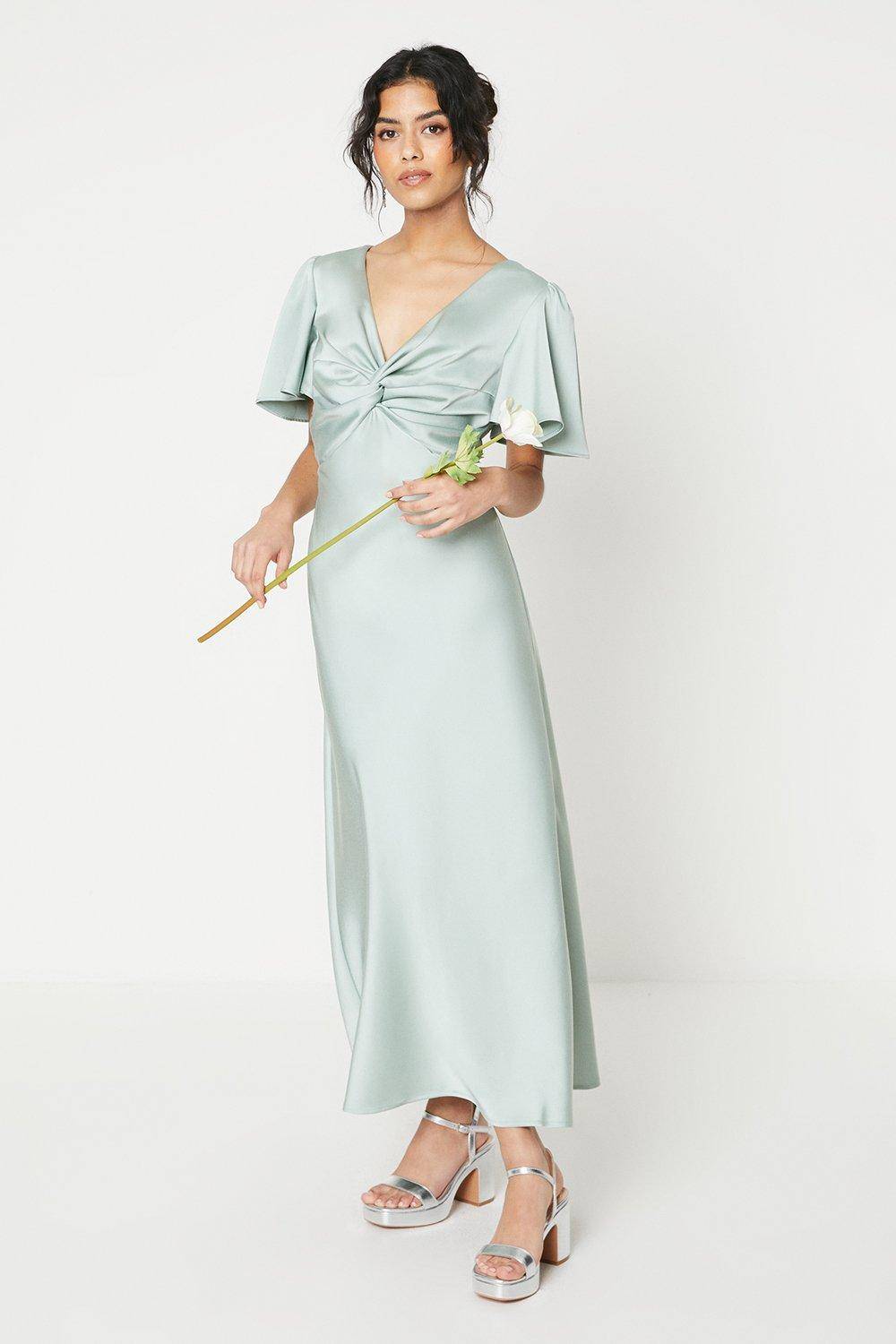 Oasis Robe de Demoiselle d'Honneur Mi-Longue en Satin avec Manches Ange Torsadées