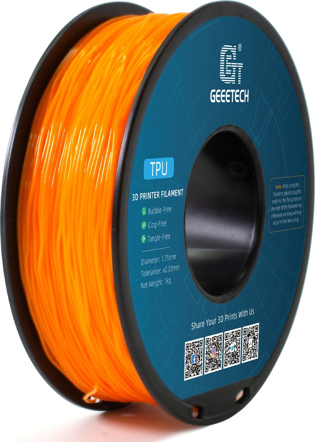 GEEETECH  TPU Orange, 1,75 mm / 1000 g    Weiches TPU-Material mit hoher Flexibilität & Belastbarkeit in Orange