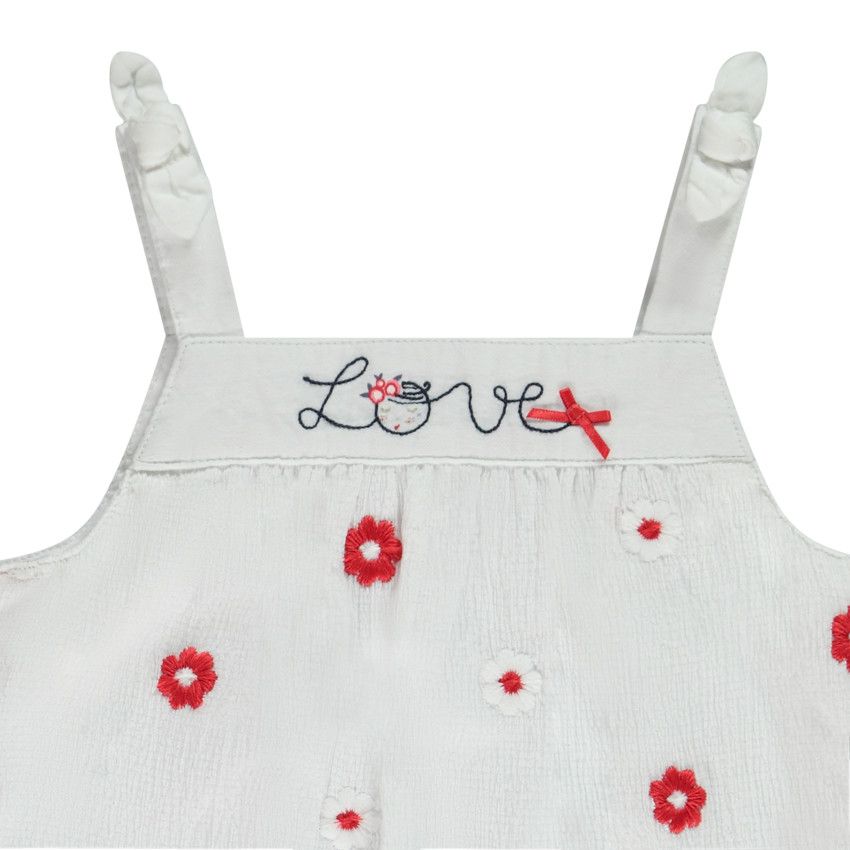 Combinaison courte brodée fleurs effet crépon pour bébé fille - Blanc