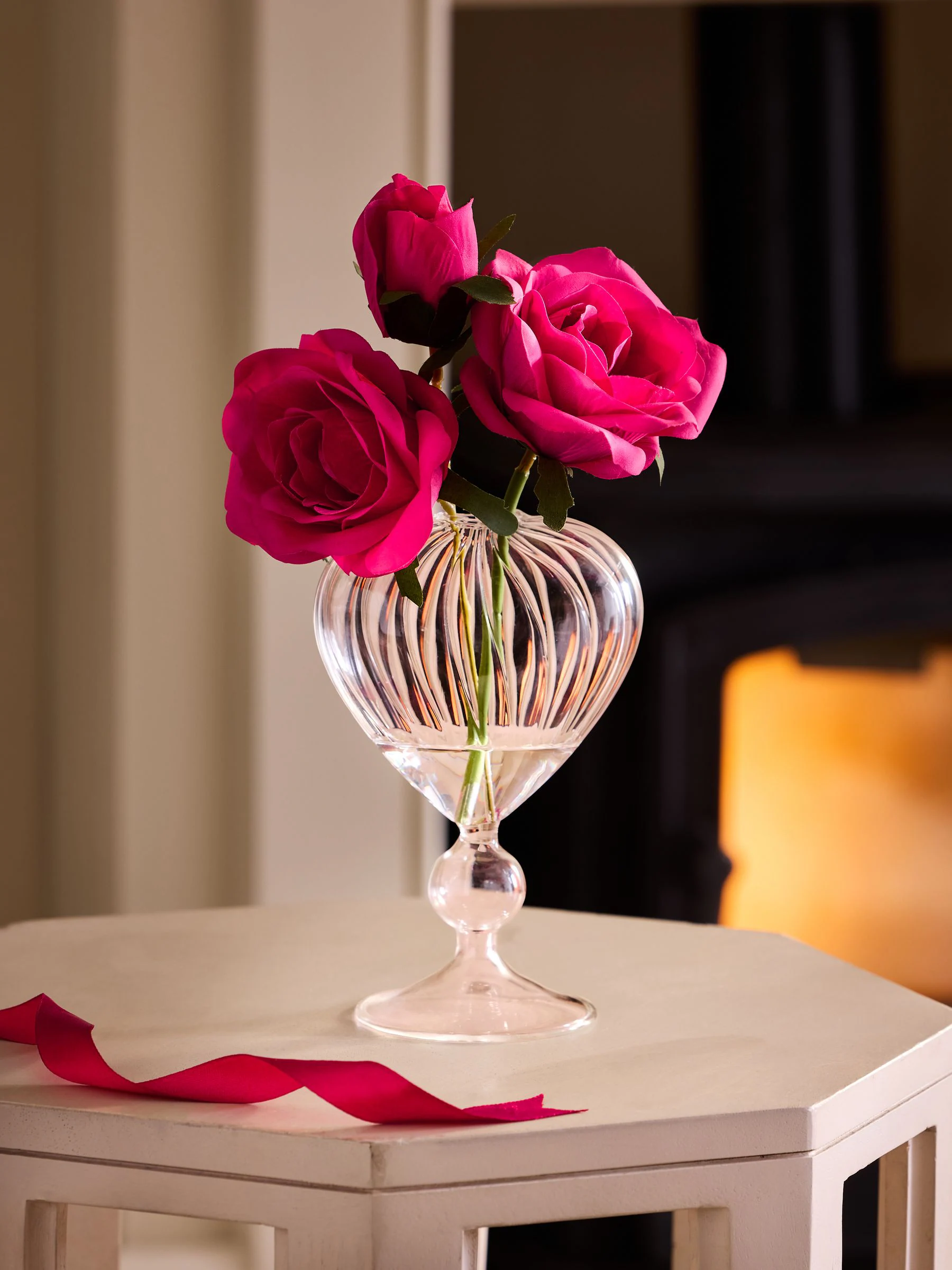 Artificial Roses in Ribbed Heart Glass Vase