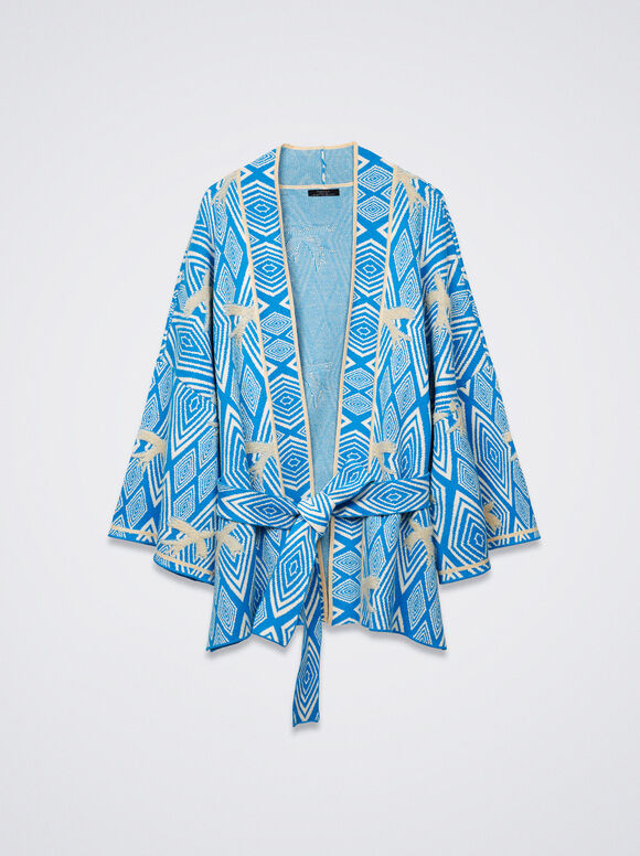 Cardigã Jacquard com Cinto - Azul