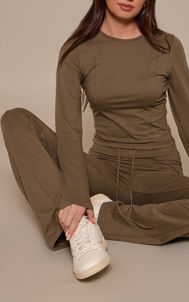 Sage Khaki Pantalon Évasé Skinny Taille Mi-haute En Coton Avec Détails De Coutures Coordonné