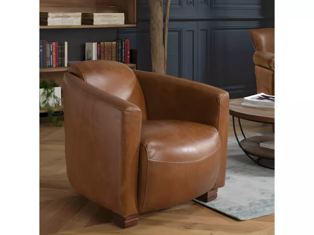 GASTON - Fauteuil marron CHICAGO vintage cuir pieds bois