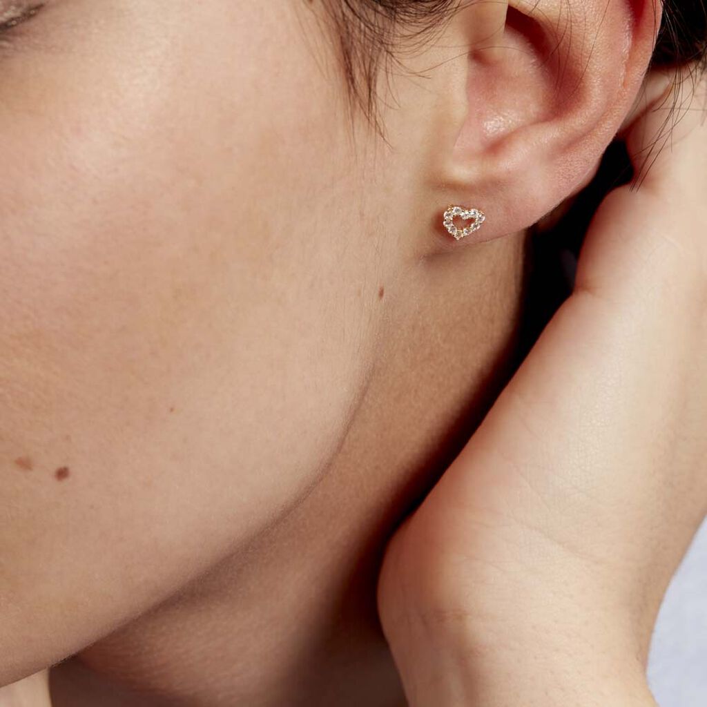 Boucles D'oreilles Puces Coeur Ajoure Or Jaune Oxyde De Zirconium