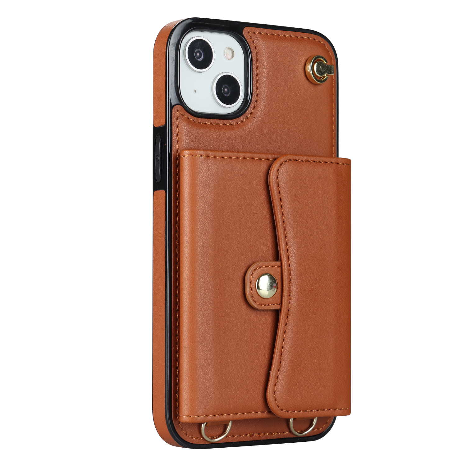 iPhone 14 / iPhone 13 Necklace Leder Schutz Hülle mit Kartenfach   Handykette (140cm) - Braun