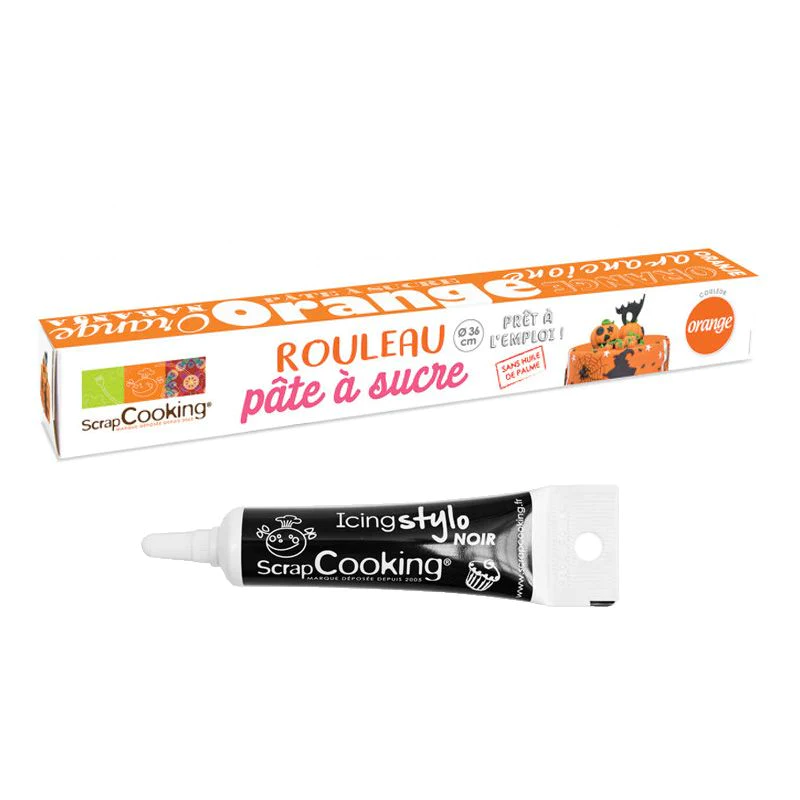 Pâte à sucre en rouleau orange Ø 36 cm + Stylo de glaçage noir Scrapco