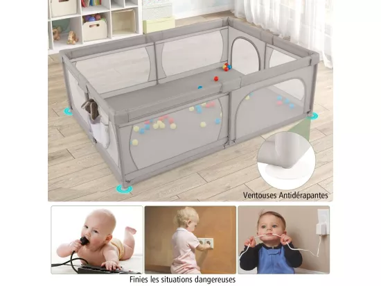 Parc pour Bébé avec 50 Balles Océaniques, Centre d'Activités avec Base Antidérapante, Maille Respirante, et Porte à Fermeture Eclair, 206×147×68,5CM (Gris Clair)