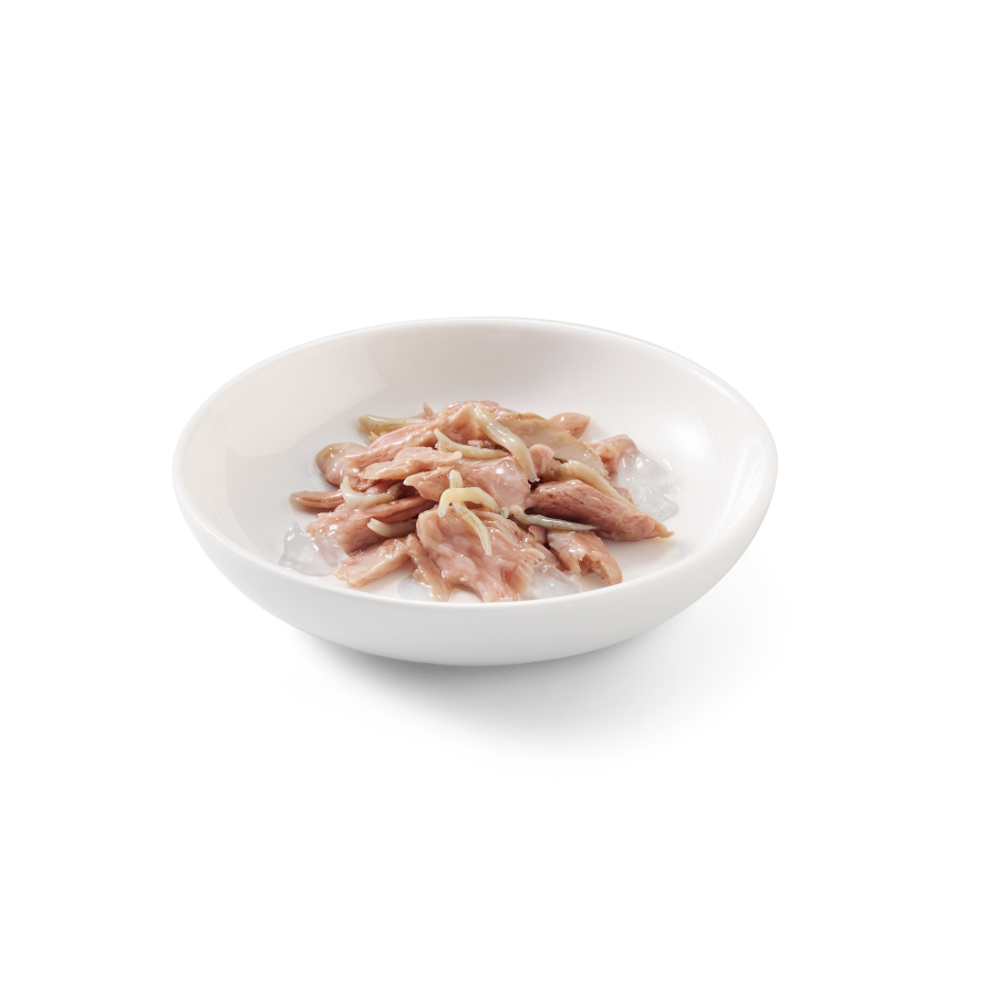 Atum com presunto Schesir para gatos adultos, lata de 85g.