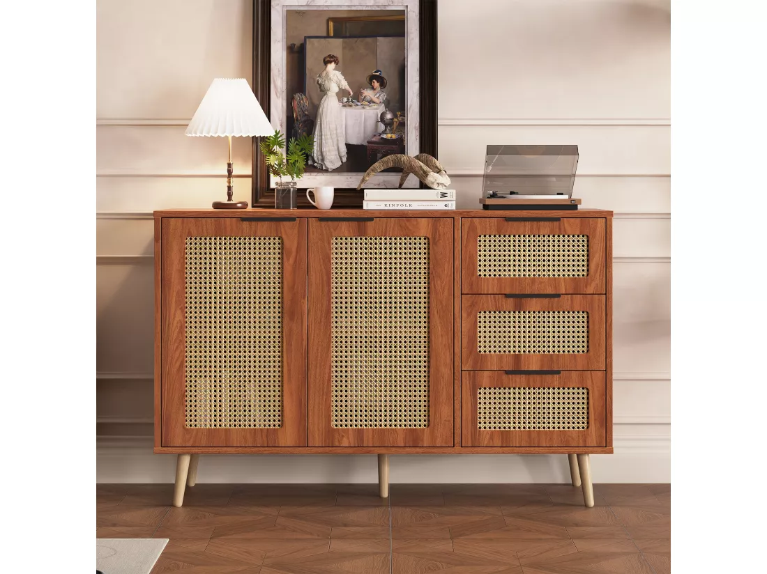 Buffet vintage en rotin avec 2 portes et 3 tiroir - 120 x 38 x 78 cm - MDF - pour cuisine et salon - Noyer
