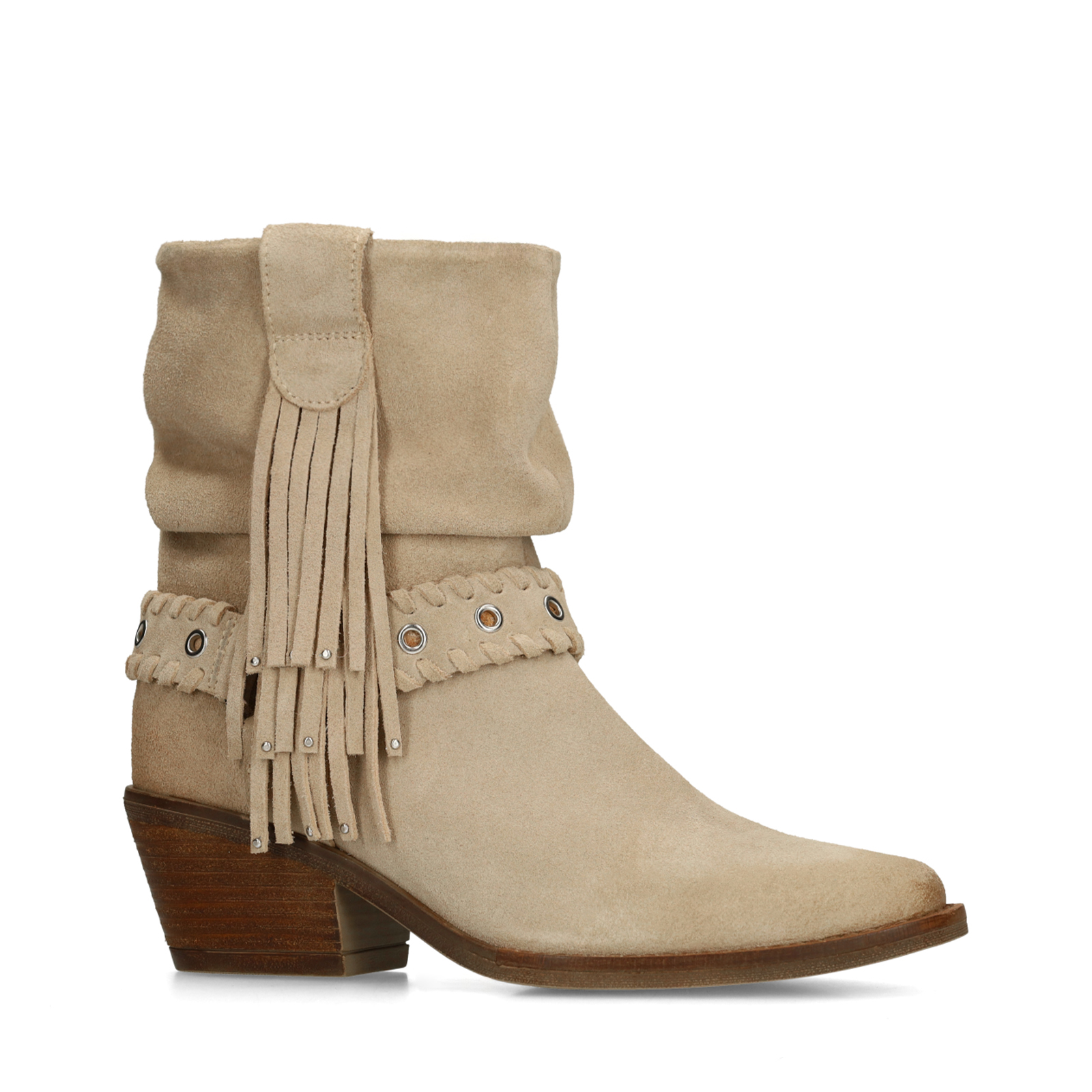 Beige suède enkellaarsjes met franjes