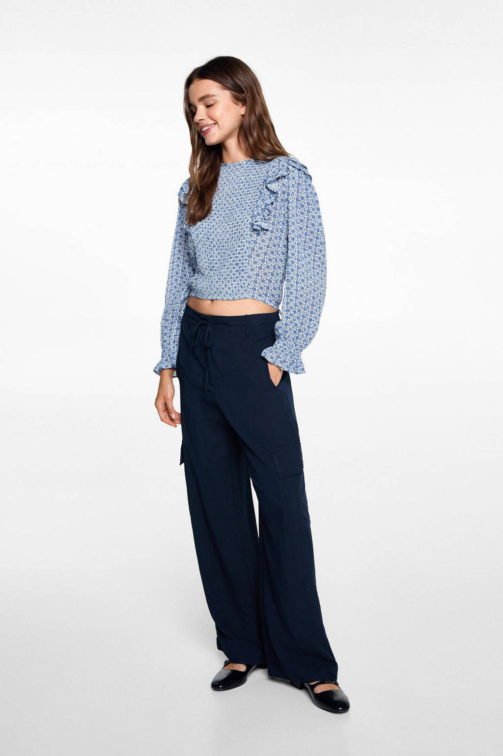 MANGO TEEN top met all over print en ruches blauw/wit