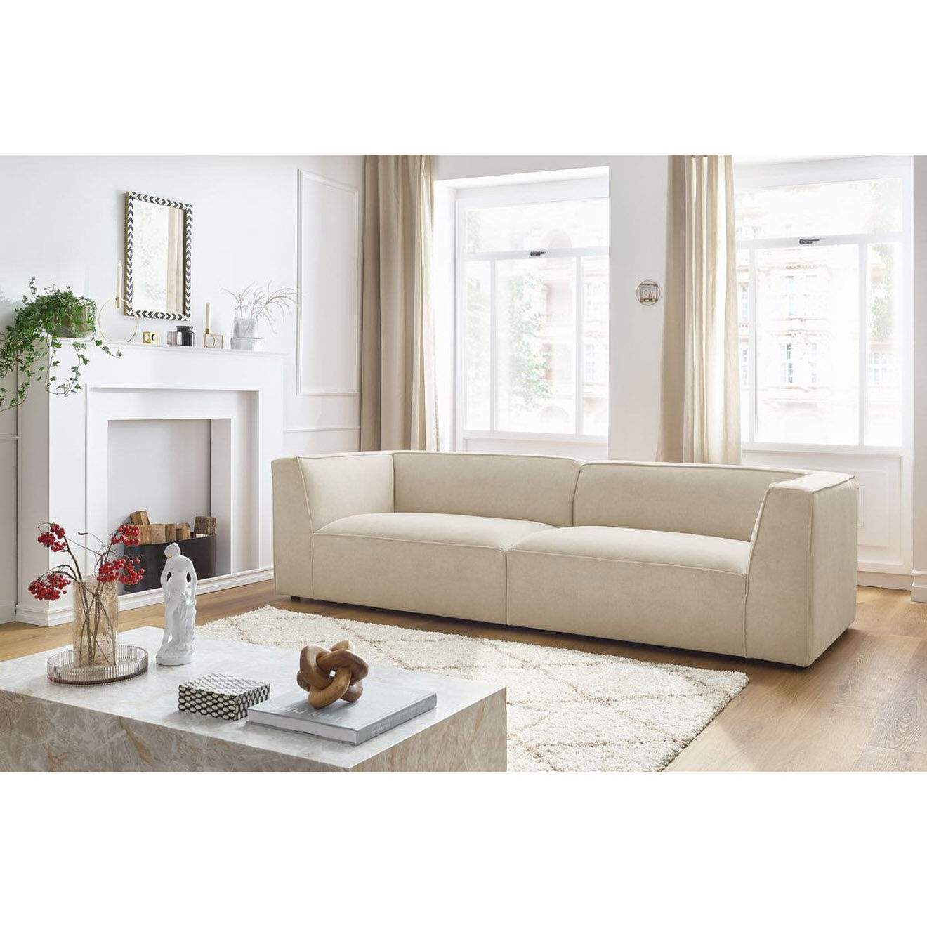 Bobochic Canapé droit fixe 4 places en Velours Molière beige - 273x99x71 cm