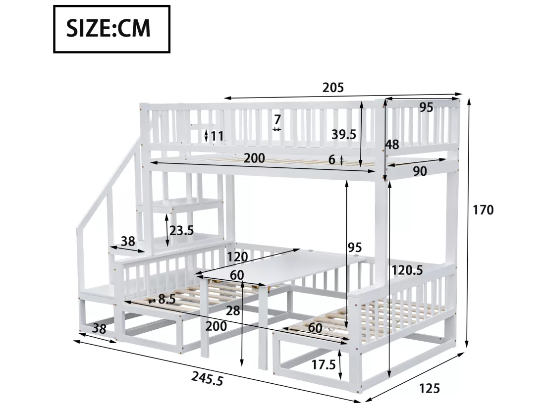 Lit mezzanie 90x200cm+120x200cm en pin massif avec table et canapé + sommiers à lattes - Blanc
