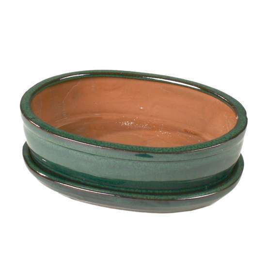 Poterie bonsaï + soucoupe, en terre cuite émaillée L. 21 x l. 16 cm