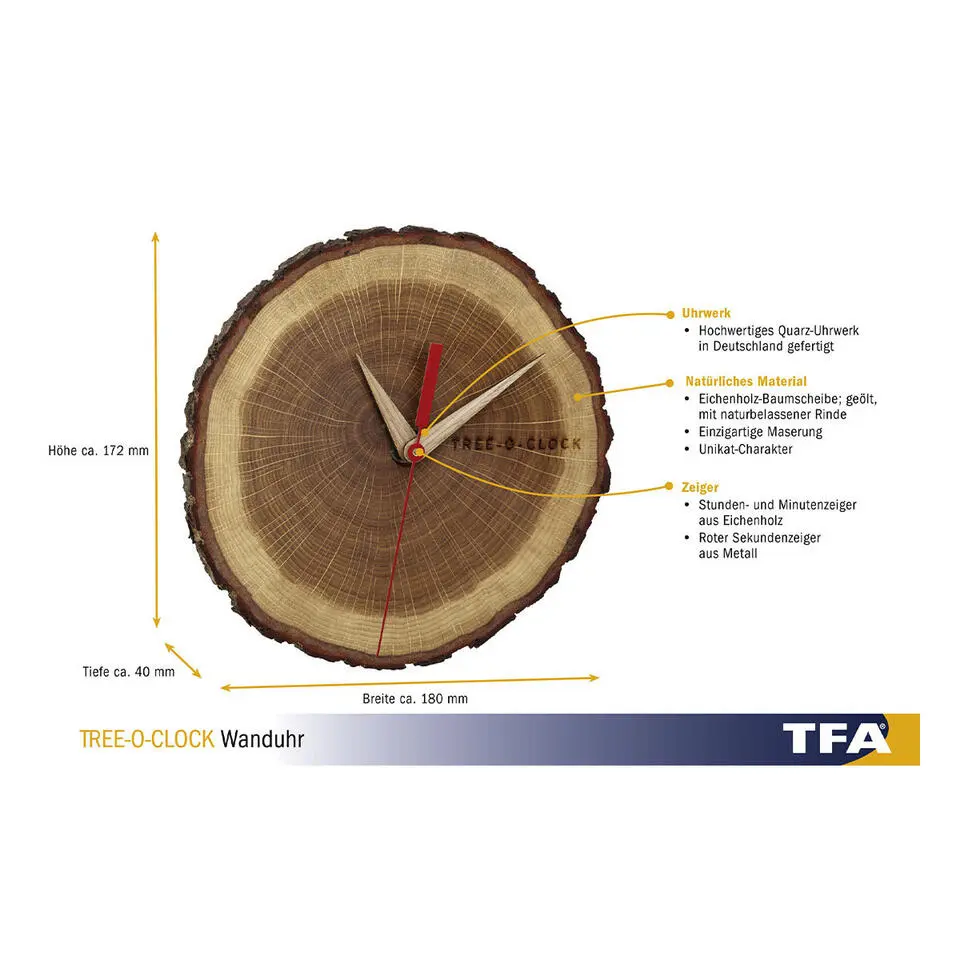 TFA boomschijf/boomstam wandklok - eikenhout - naturel - Dia 18 cm