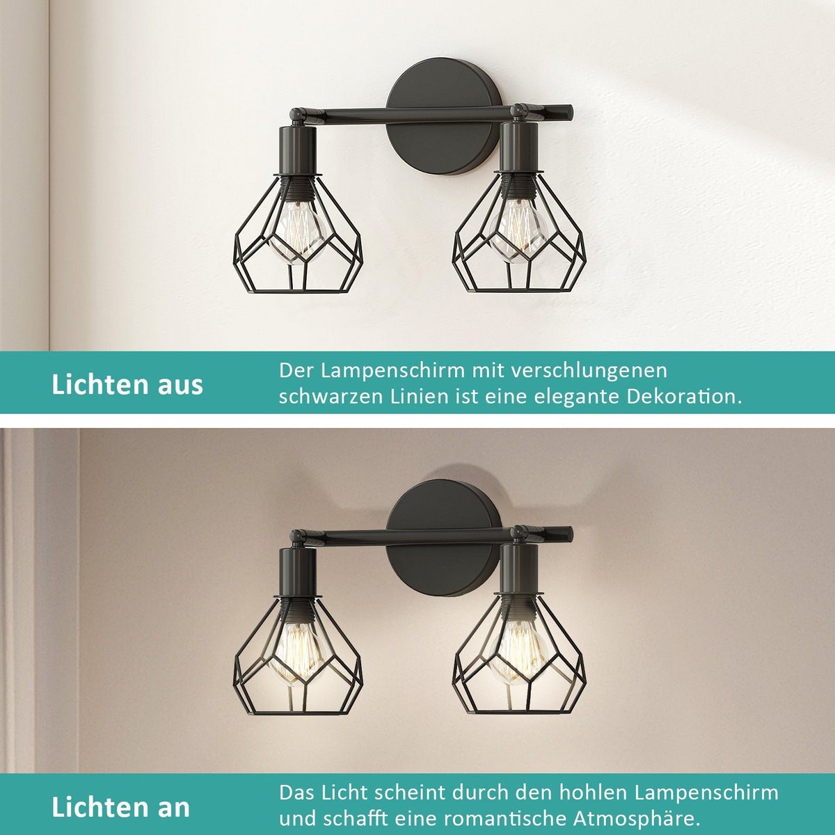 EMKE Retro Wandlamp - 2-lichts industriële wandlamp met E14-fitting, ideaal voor woonkamer en hal (lamp niet inbegrepen), twee lampkoppen