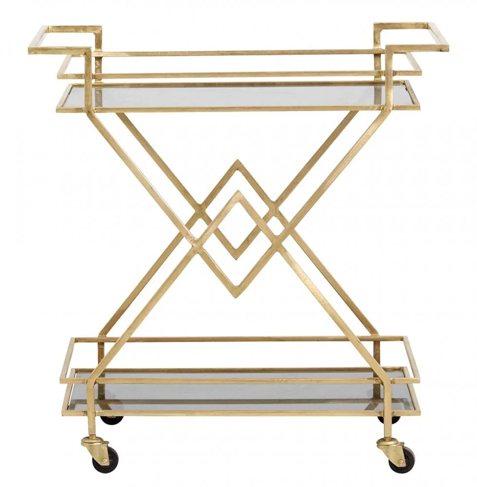 Nordal  Trolley rullebord i jern, guldfarvet/sort glas - 44x76 cm.