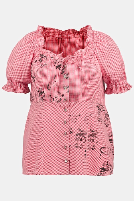 Trachten-Carmenbluse, Vichy-Karo, Herzknöpfe, Halbarm
