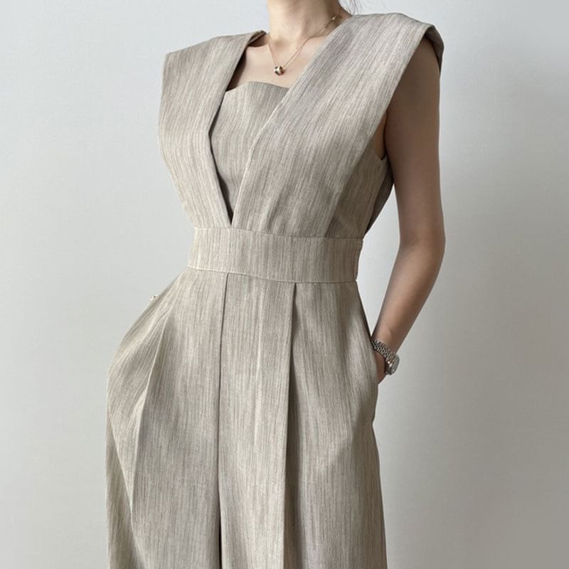 Lewwe - Jumpsuit met wijde pijpen en vierkante hals, kapmouwen