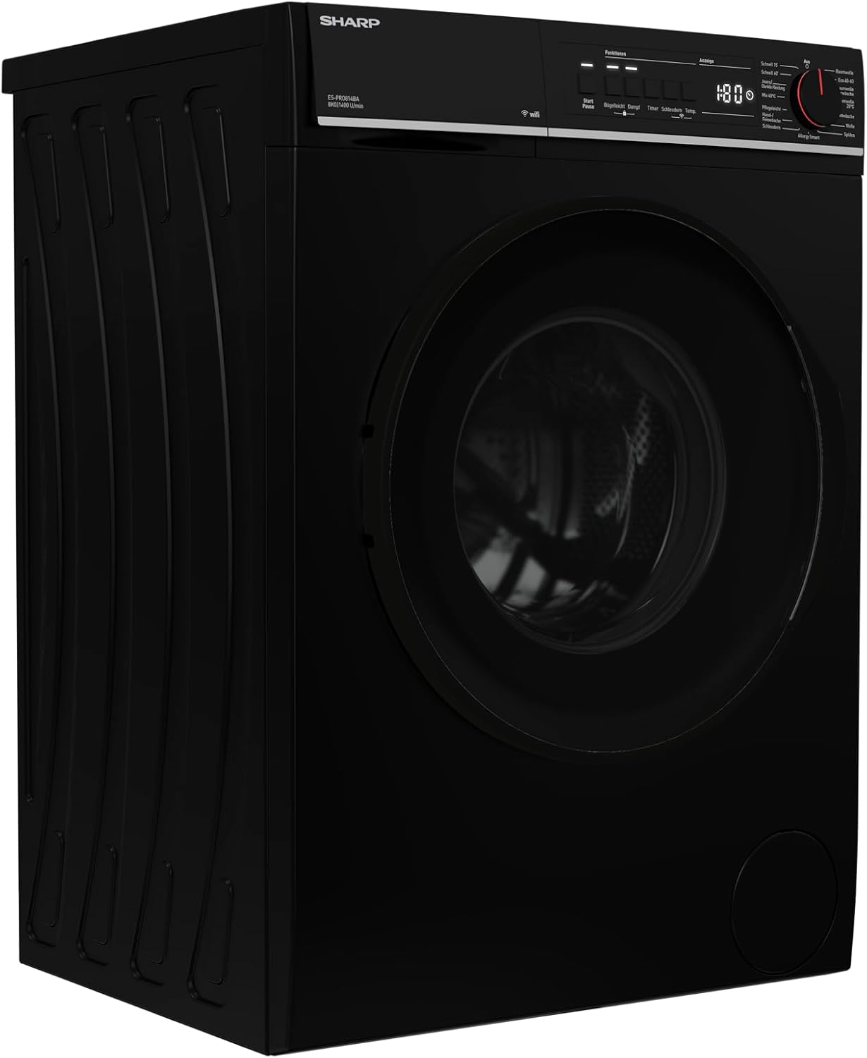SHARP ES-PRO814BA-DE Waschmaschine Frontlader, 8kg, 1400U/min, Smarte Bedienung durch Veezy App, Dampffunktion, Inverter, 15 Programme, AquaStop, Schwarz