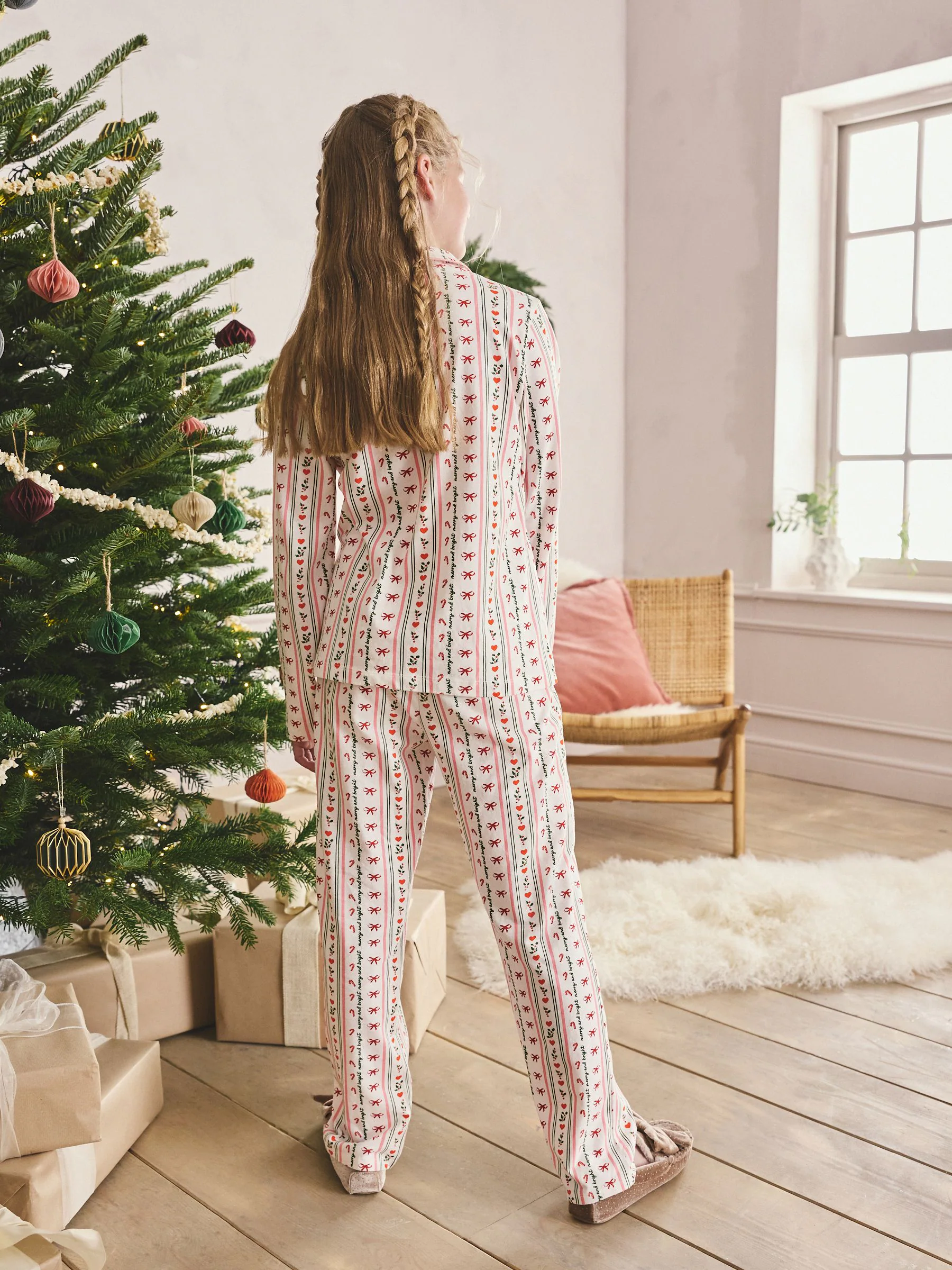 Rood/crème strik/suikerstok - Kerst jersey pyjama met knoopsluiting (3-16jr)