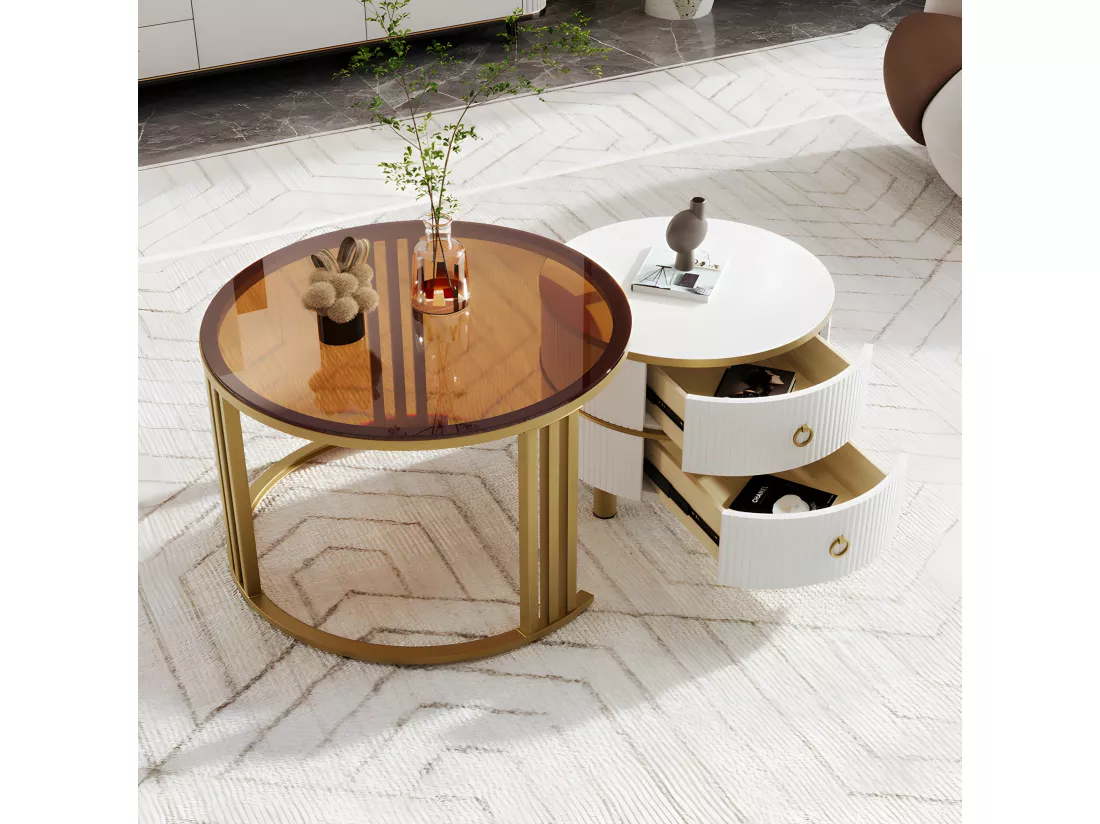 Lot de 2 tables basses gigognes avec 2 tiroirs - plateau en verre trempé Marron - Blanc