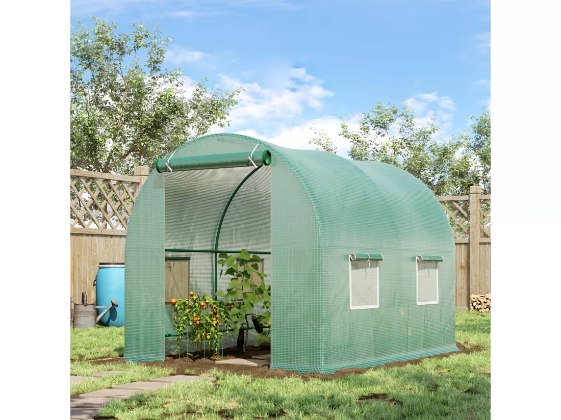 Serre de jardin tunnel 5 m² 2,45L x 2l x 1,98H m acier renforcé Ø 1,8 cm + PE haute densité 140 g/m² fenêtres porte déroulante vert