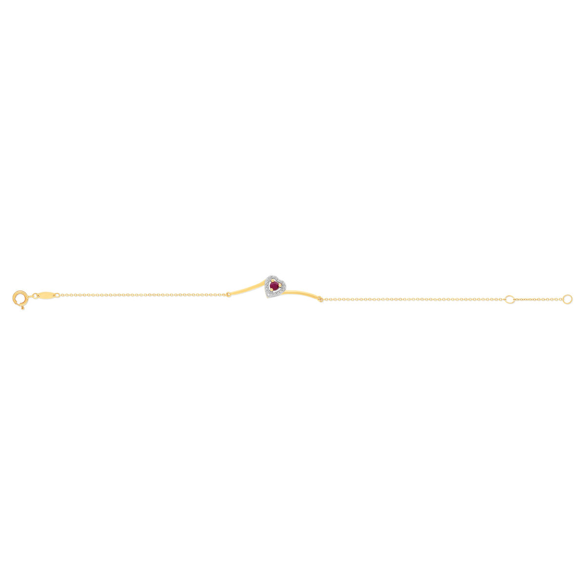 Bracelet or 375 jaune coeur rubis et diamants 18cm
