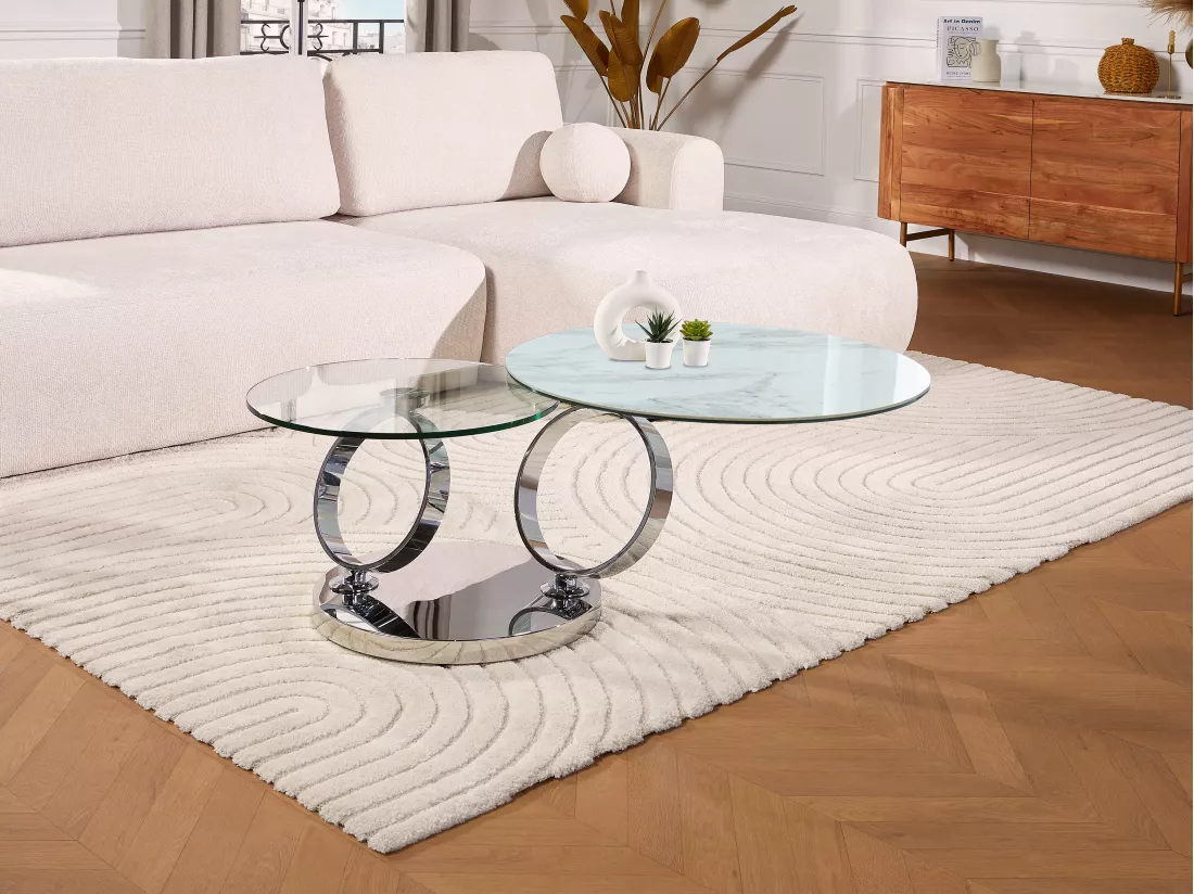Table basse avec plateaux pivotants - Céramique, verre trempé et métal - Effet marbre blanc - JOLINE de Maison Céphy