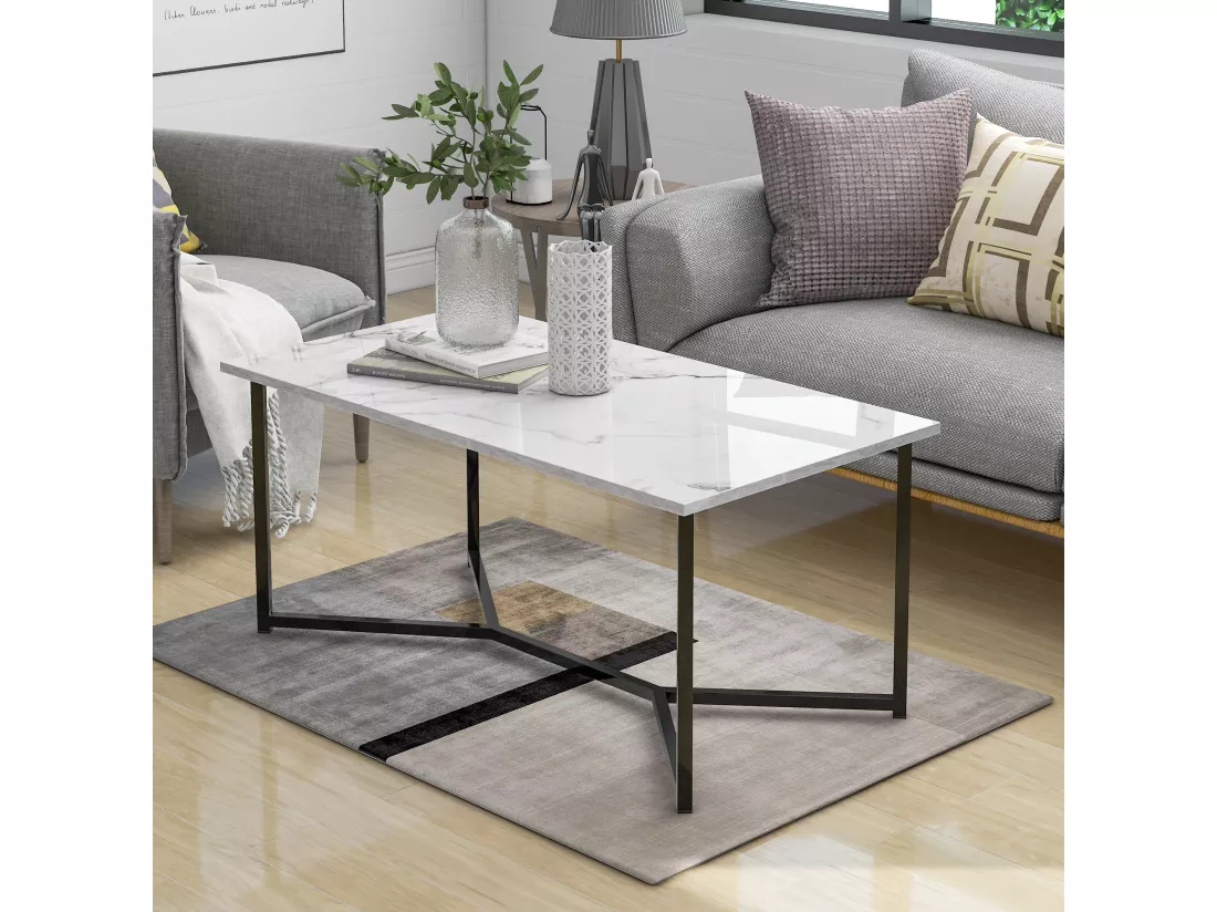 Table basse rectangulaire moderne, table d'appoint en bois MDF, effet marbre, blanc, 106 x 55 x 45 cm