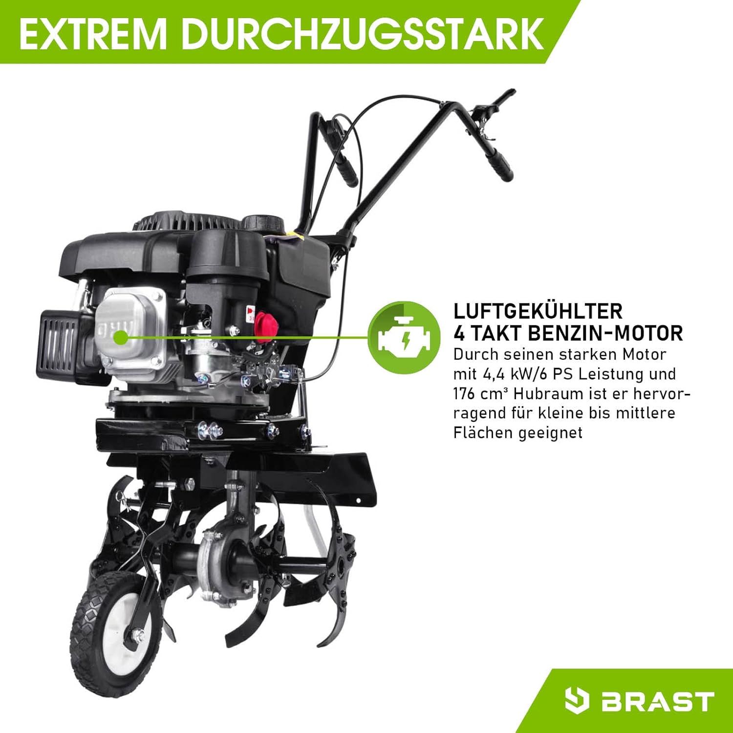 BRAST Motorhacke Gartenfräse Benzin | 1,9kW(2,6PS)-5,15kW(7PS) | 25-85cm Arbeitsbreite | 6 Modelle | Stahlrahmen Transportrad & kabellos | für kleine bis sehr große Grundstücke | BRB-AF 5500s