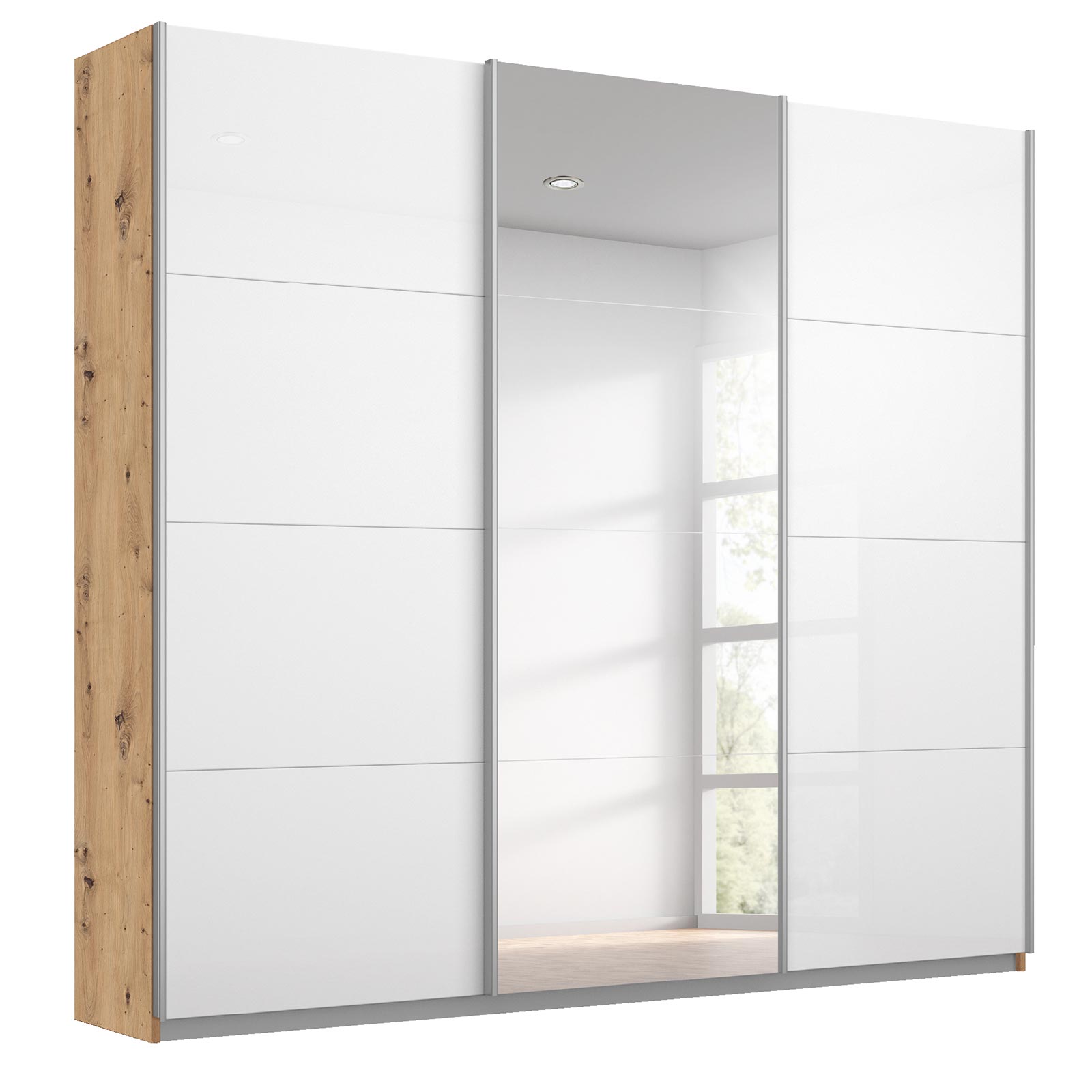Schwebetürenschrank - kristallweiß - Eiche Artisan - mit Spiegel - 2 Glastüren - 203x210 cm
