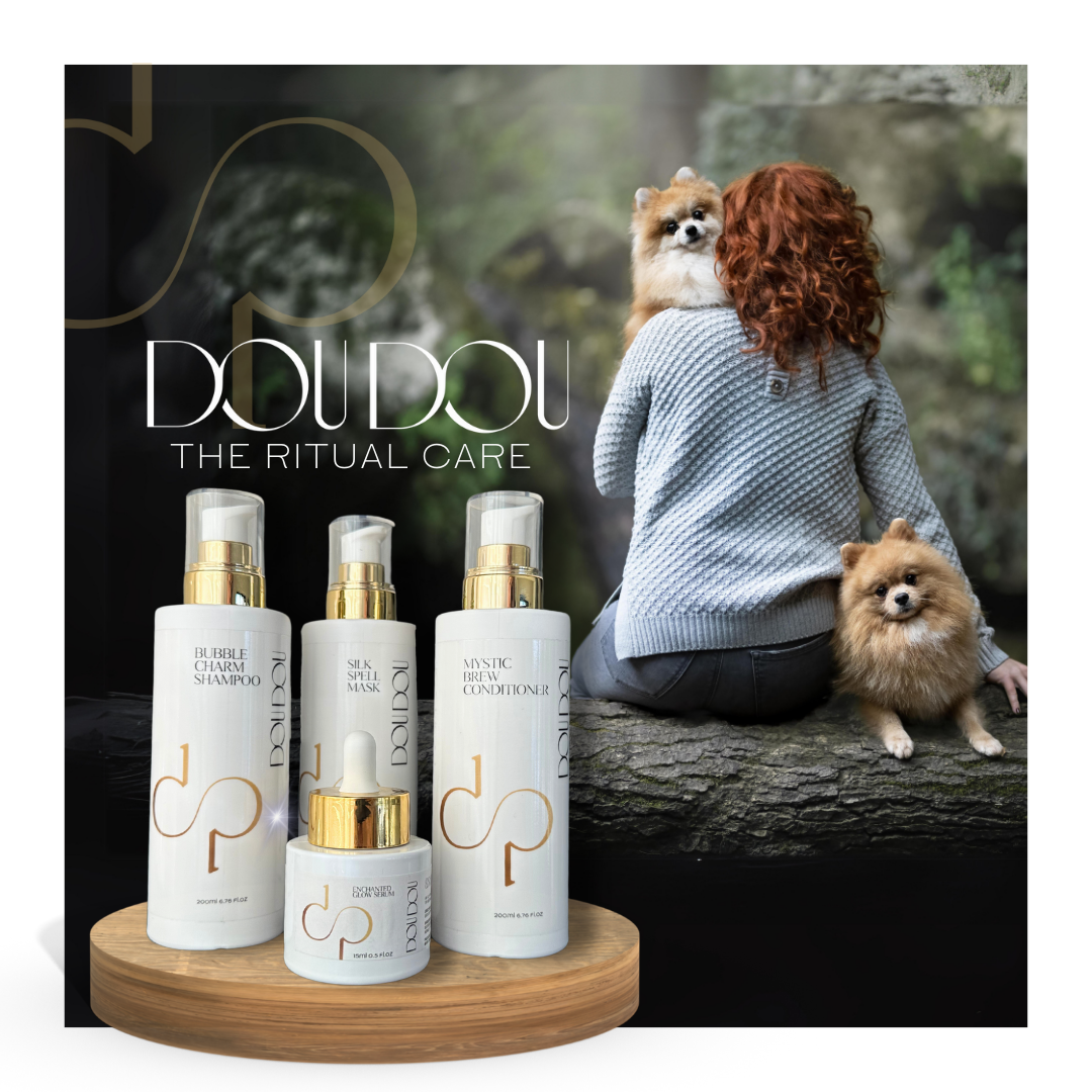 condicionador holístico DOUDOU Mystic Brew Serum proporciona brilho e extrema maciez para cães.