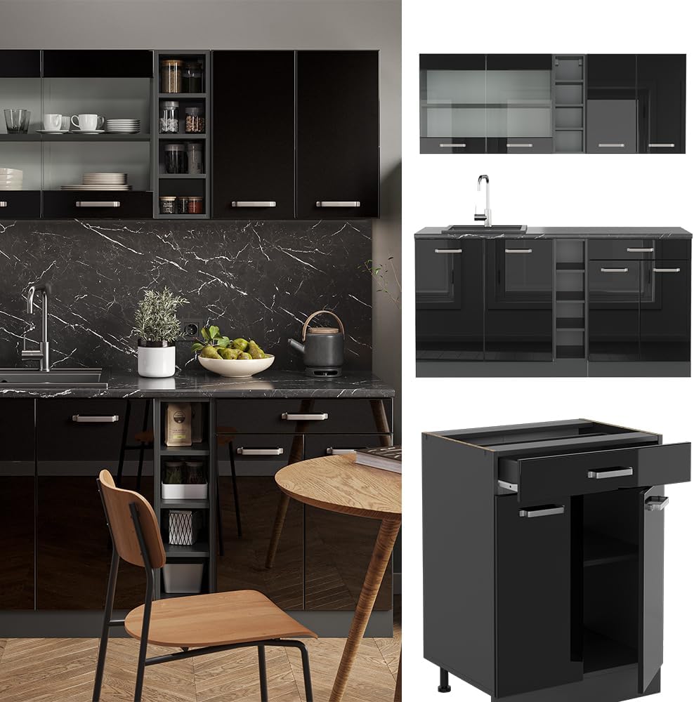 Vicco Singleküche R-Line, Schwarz Hochglanz/Anthrazit, 160 cm ohne Arbeitsplatte