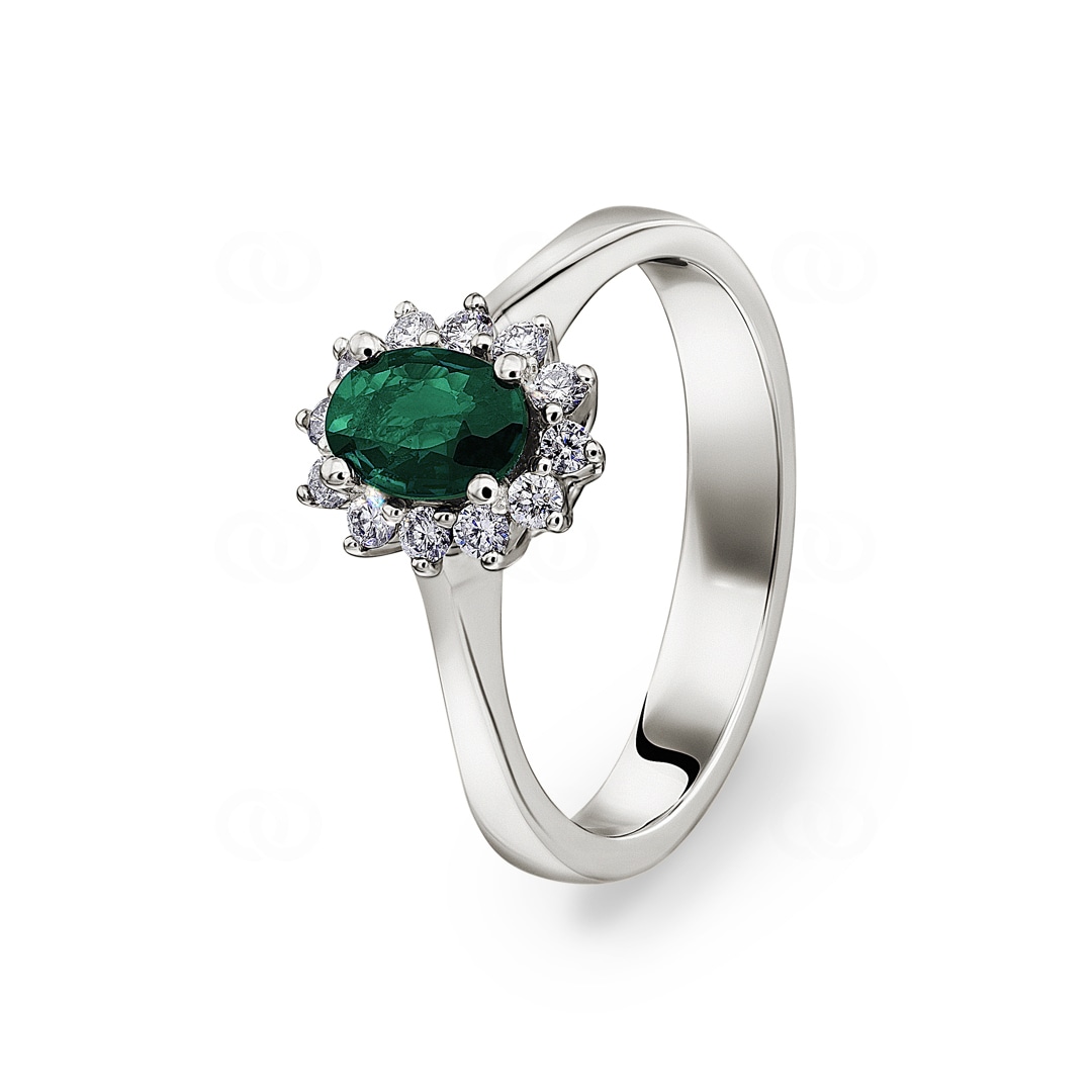 Damenring 750/18 K Weissgold mit Diamanten 0.17 ct H/si & Smaragd 0.38 ct