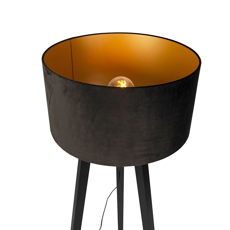 Vloerlamp tripod zwart hout met zwarte kap 50 cm - Puros