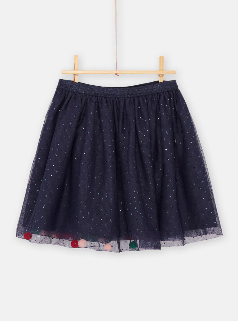 Jupe marine avec boules de fausse fourrure pour fille