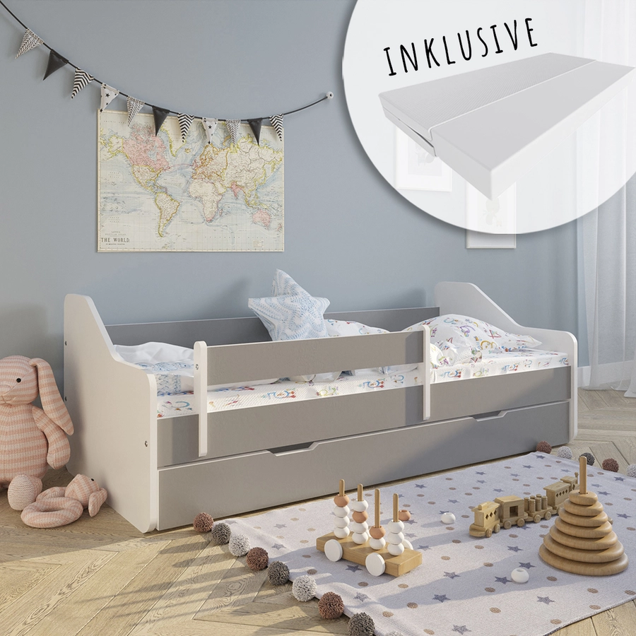 Kids Collective Kinderbett 80x160 | 80x180 cm mit Rausfallschutz & Lattenrost grau mit Schubl. und Matratze