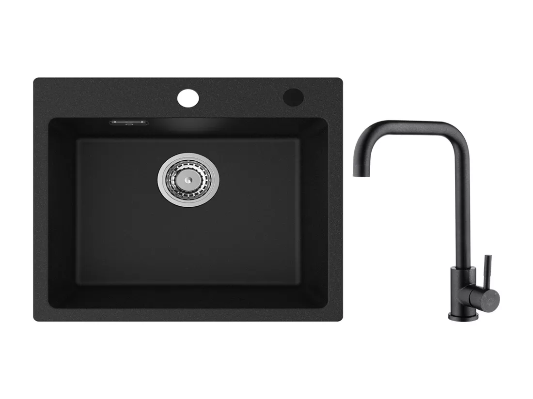 Cecipa MAX Evier 1 Bac 50x45cm Evier en Quartz et Résine Evier à Encastrer + Mitigeur de Cuisine en Inox Noir étoilé avec Bec Haut et Incurvé