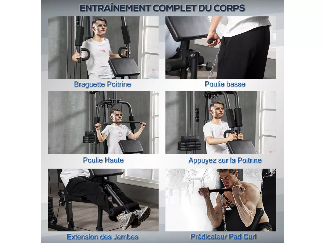 Station de musculation - entrainement complet - développé couché, butterfly, barre latissimus, curler, bande résistance - 9 contrepoids - acier noir