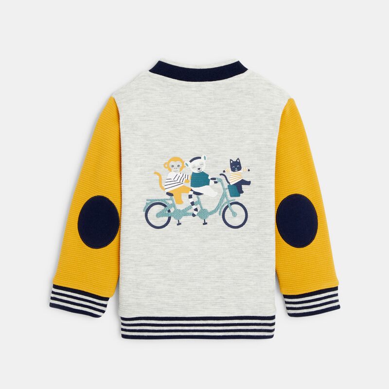 Sweat teddy bicolore côtelé animaux à vélo jaune bébé garçon