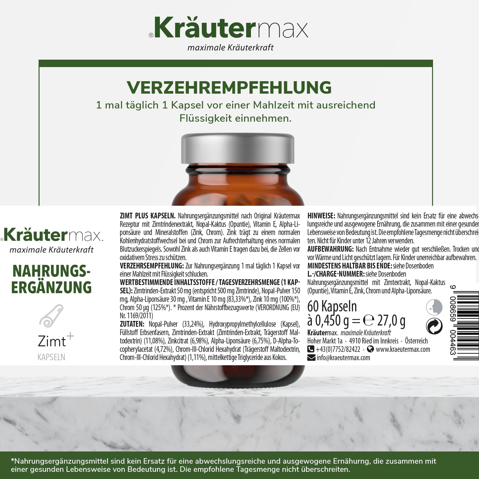 Kräutermax Zimt plus Nopal Kaktus, Zink, Chrom Kapseln