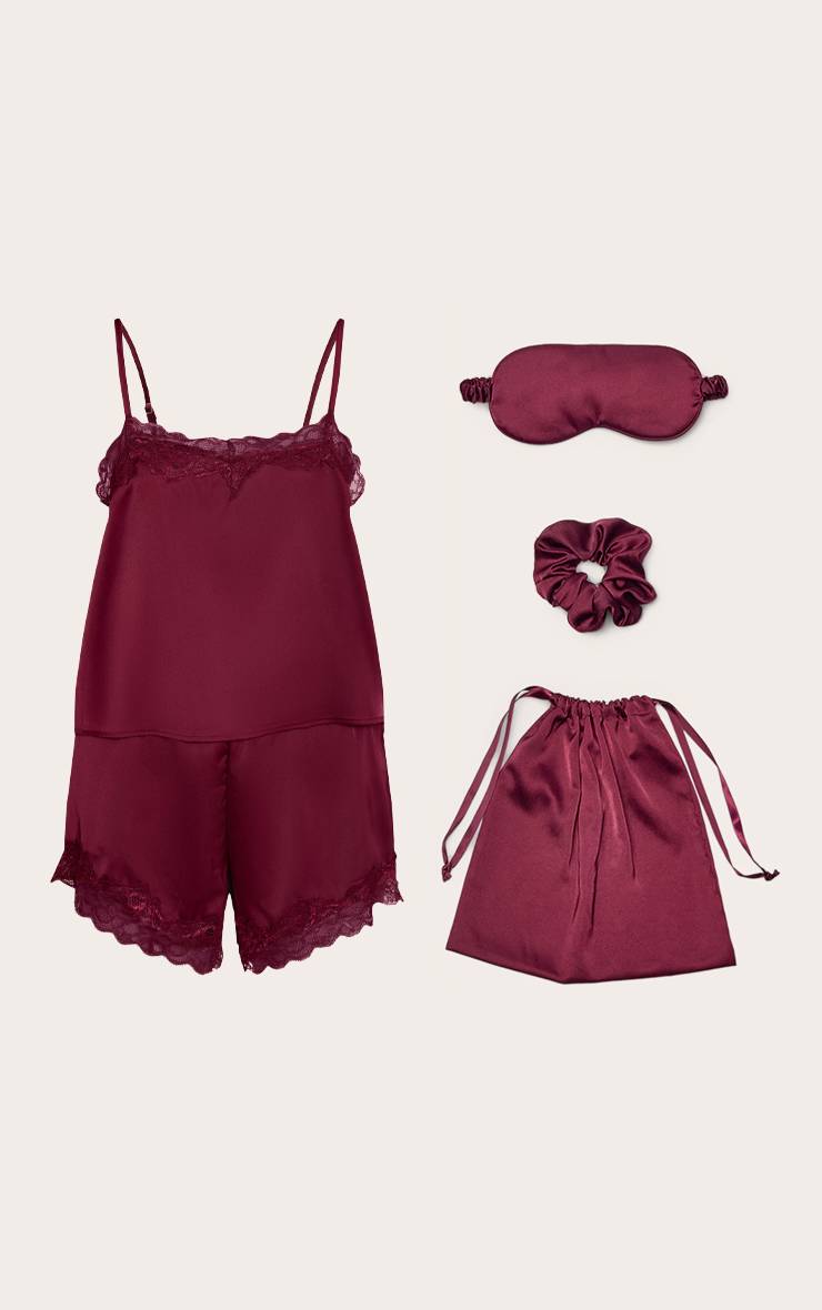 Rouge Bordeaux Ensemble De Nuit En Satin Avec Sac Cadeau