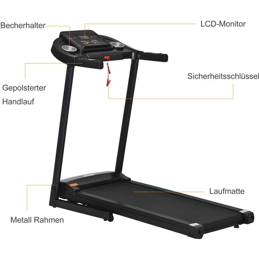 HOMCOM Laufband Training für Zuhause, Tassenhalterungen und Handyhalter schwarz, Grau
