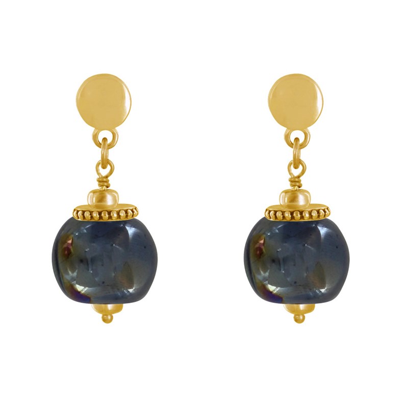 Boucles d'Oreilles Clous Métal Doré et Grosses Perles en Céramique