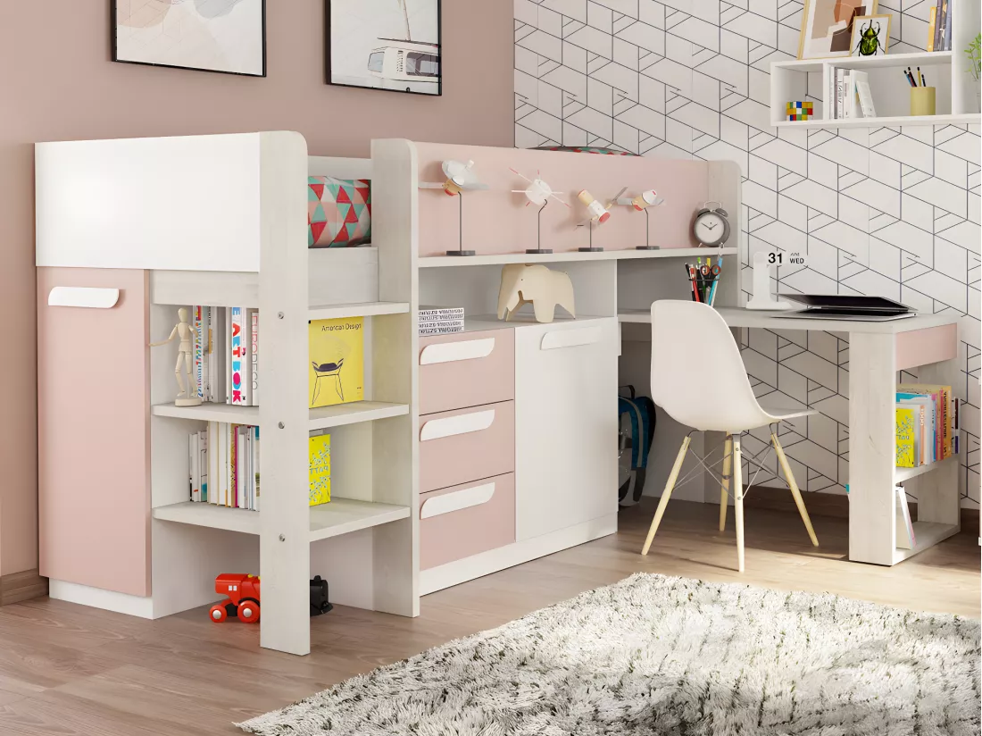 Lit combiné 90 x 200 cm - Avec bureau et rangements - Rose, naturel et blanc + Matelas - LOUKALA