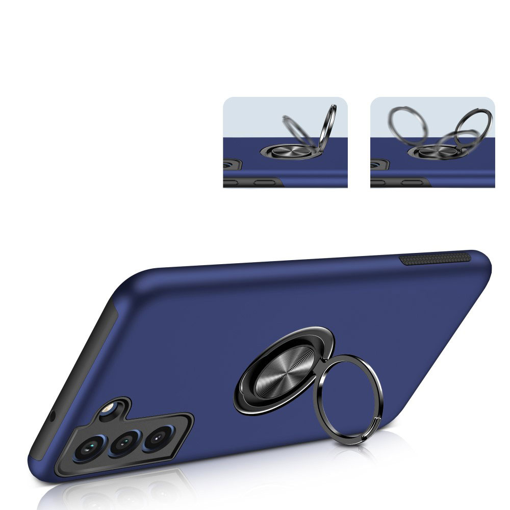 Samsung Galaxy S21 FE 5G Hybrid Hardcase Hülle   Magnetischer Kickstand Haltering - Dunkelblau (Matt)