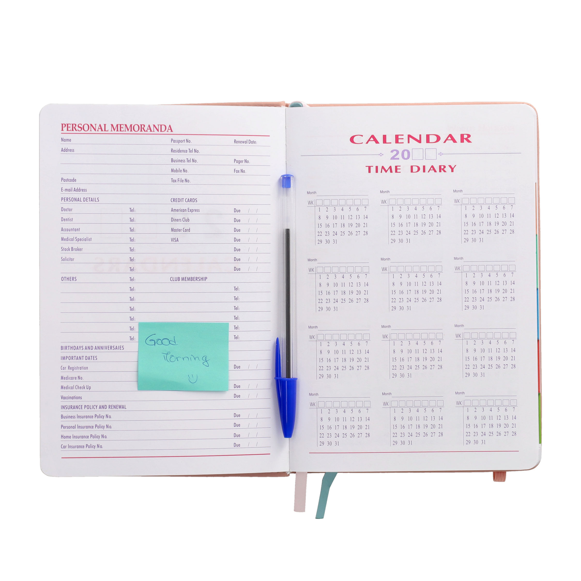(1T/1S) 21x14cm Hard Cover Tages- und Stundenplaner Schüleragenda Zeitplanungssystem Wochenkalender 2025-2026 inkl. Sticker / Kartenhalter - Rosa