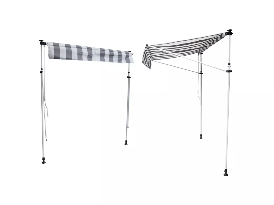 Store banne pour balcon CHENE 2 × 1,2m - Toile rayée blanche/grise et structure blanche - HAPPY GARDEN