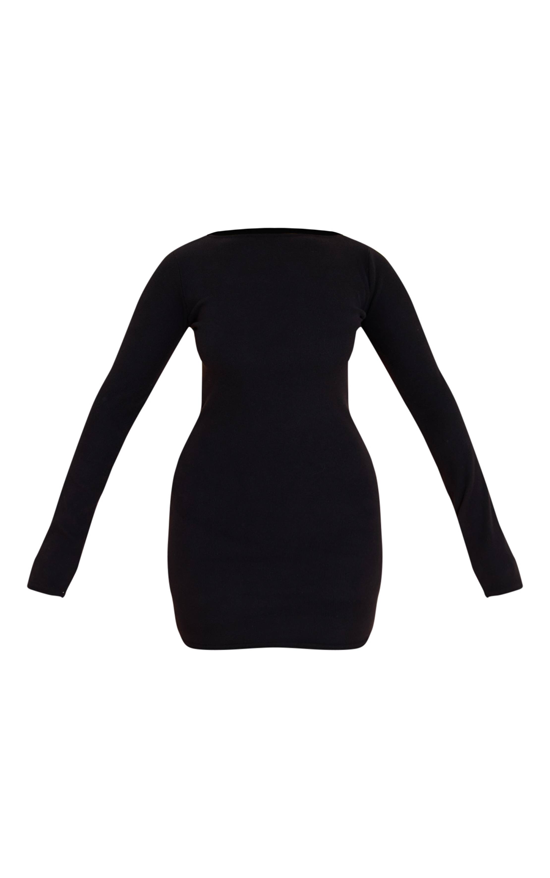 Noir Robe Moulante Mini À Manches Longues Col Bateau En Micro Côtes
